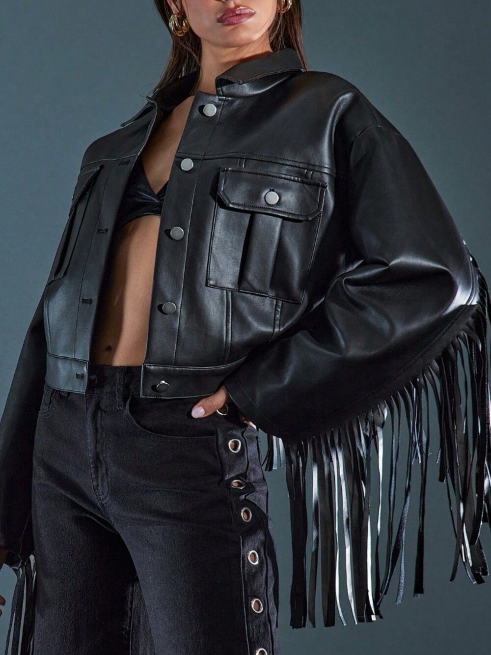 Black Casual Women's Faux Leather Fringe Detail Jacket - Picture 5 of 6